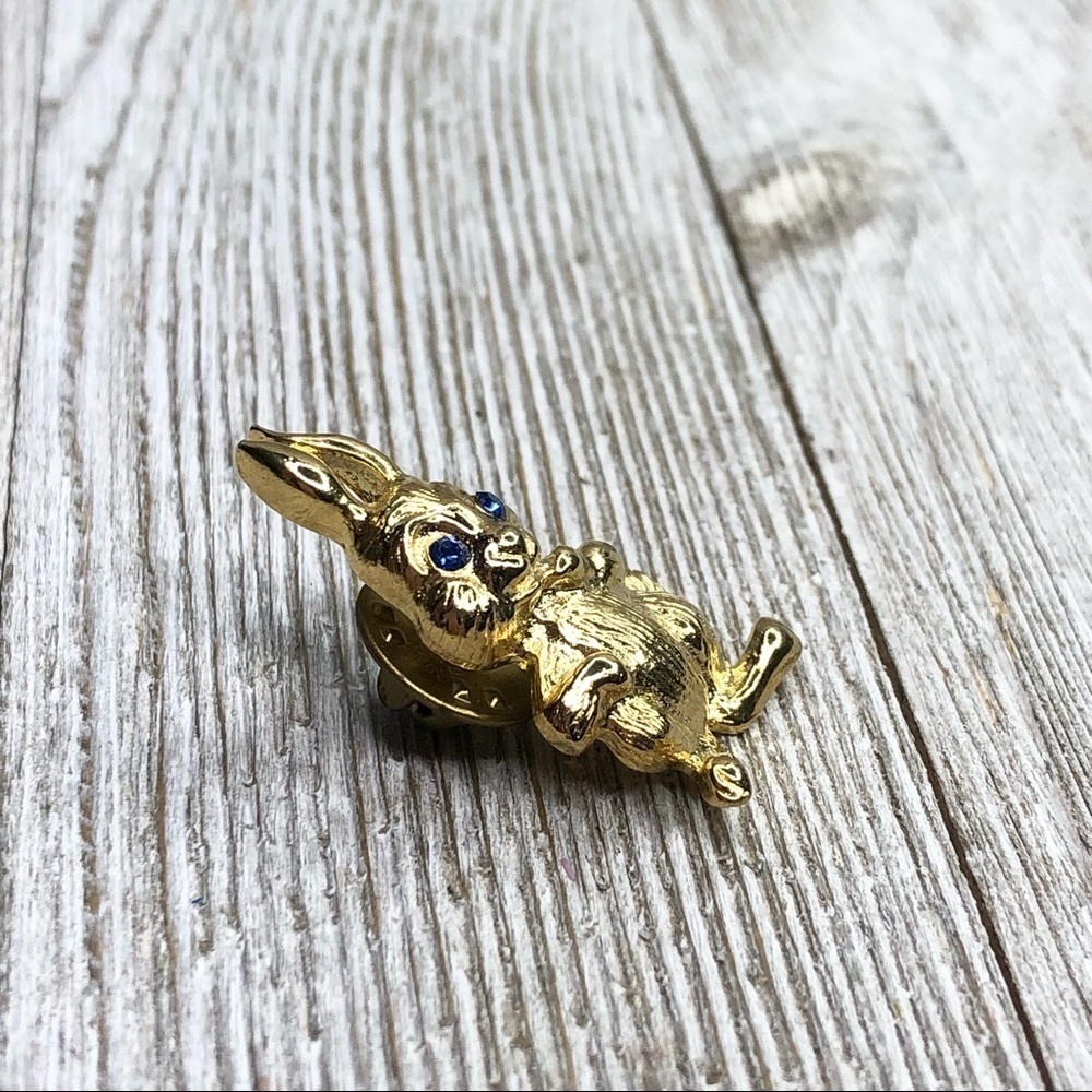Vintage Gold Rabbit Blue Rhinestone Bunny Pin - Picture 3 of 6
